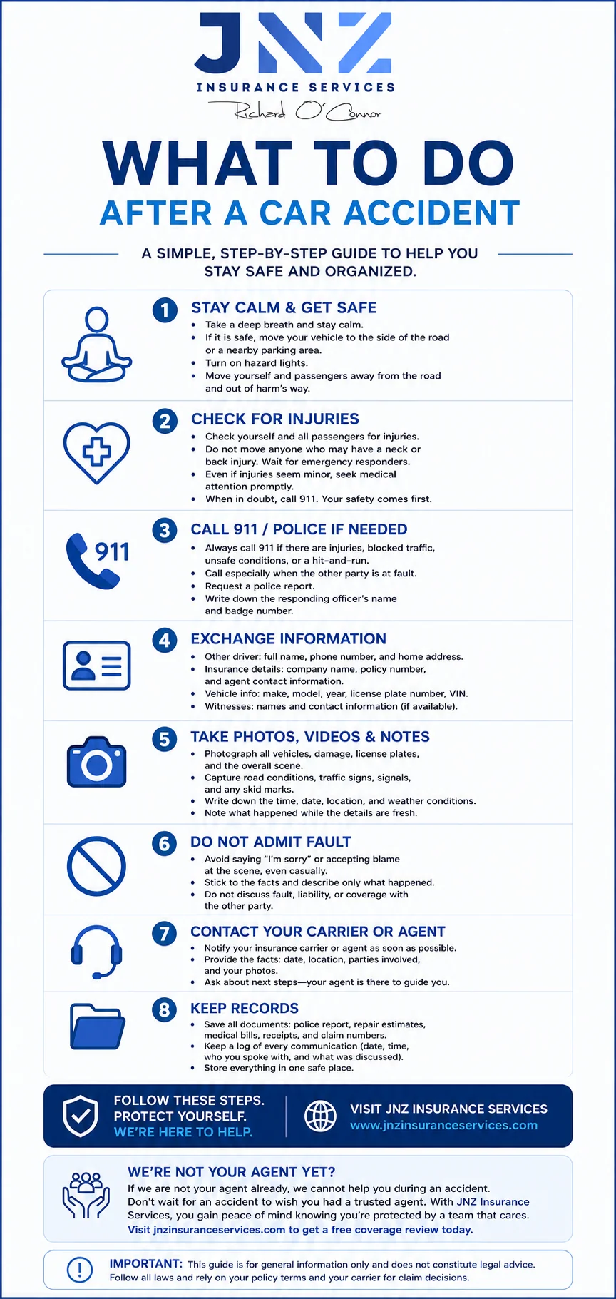 JNZ Insurance Services car accident checklist — the eight steps to follow after a car accident, with the agency&rsquo;s website and phone number