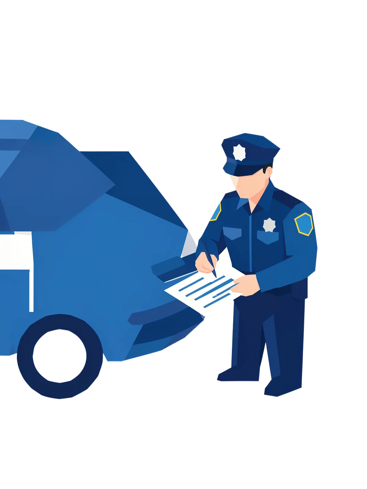 Illustration of a police officer writing an accident report beside a damaged car