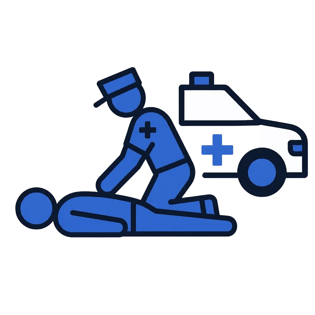 Illustration of a first responder checking on an injured person beside an ambulance