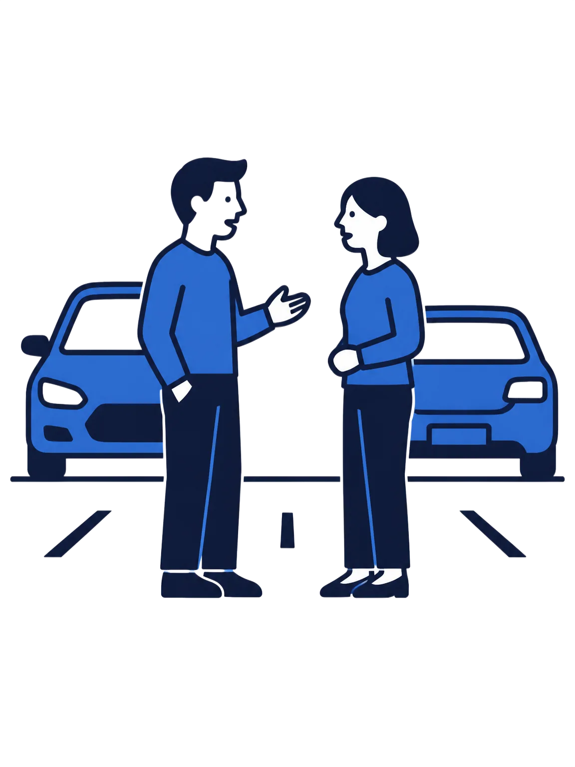 Illustration of two drivers speaking calmly beside their cars at the accident scene