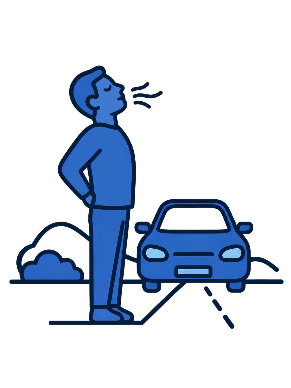 Illustration of a driver taking a slow, deep breath beside their car after pulling off the road